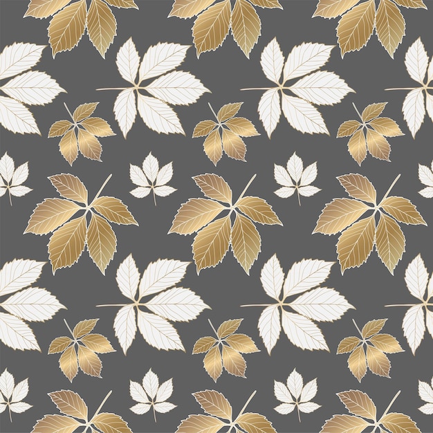 Осенний бесшовный узор с золотыми и белыми листьями на сером фоне. Узор для текстиля, оберточная бумага, покрывает фоновые обои