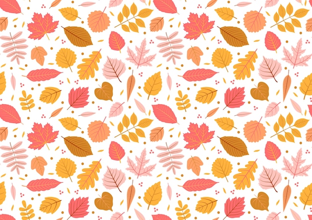 葉、秋の葉の背景と秋のシームレスなパターン。抽象的な葉のテクスチャ。かわいい背景。葉が落ちる。黄色、ピンクの葉。白色の背景。ファッションプリントのエレガントなテンプレート。ベクター。