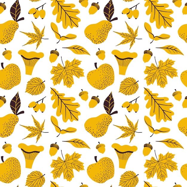 Autumn seamless pattern with leaves berries mushroom apple pear Hand drawn vector