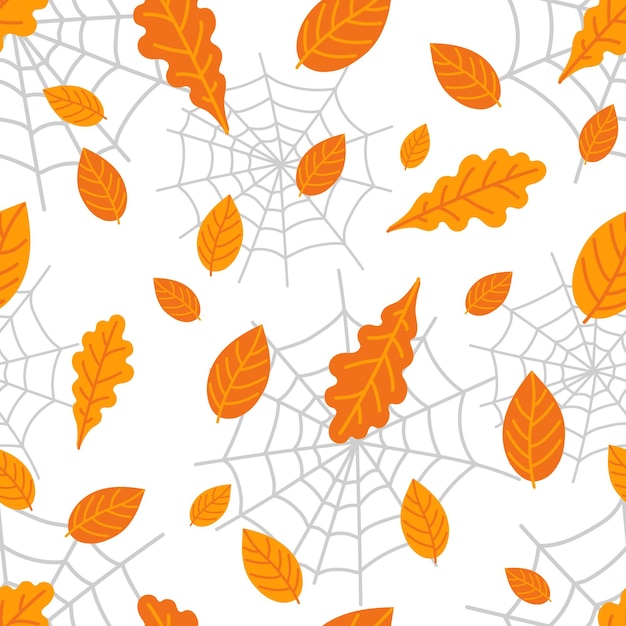 Autumn seamless pattern with leaves and spider web. Halloween design.