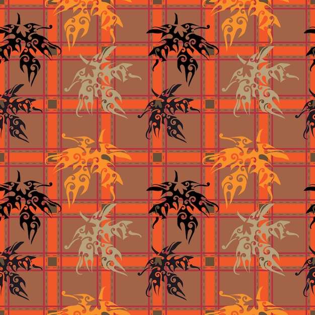 Autumn seamless pattern with maple leaf at plaid checked repeat wallpaper