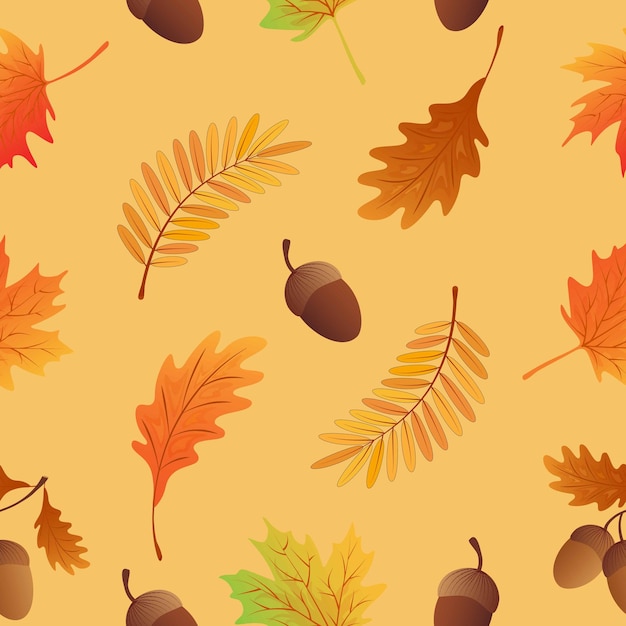 Autumn seamless pattern with maple leaves acorns oak leaves rowan leaves