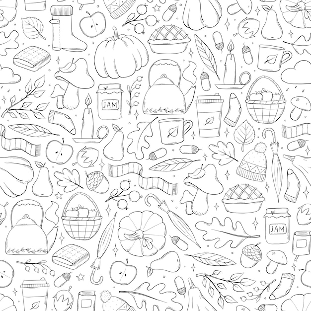 Vector autumn seamless pattern with monochrome doodles cartoon elements for coloring pages