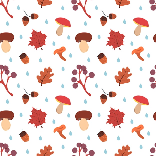 벡터 버섯, 잎, 도토리, 열매가 있는 가을의 매끄러운 패턴입니다. 가 벡터 패턴입니다.