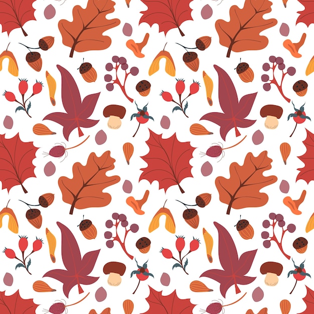 Autumn seamless pattern with mushrooms leaves acorns and berries