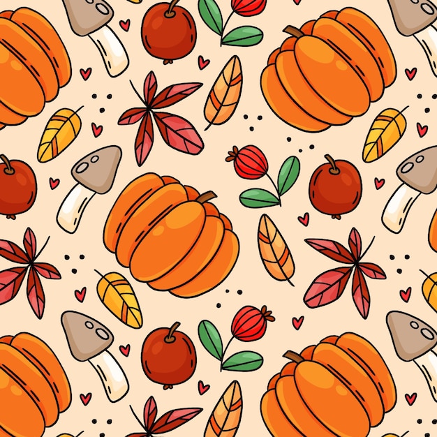 Autumn seamless pattern with mushrooms and leaves. Hand drawn cartoon style vector illustration