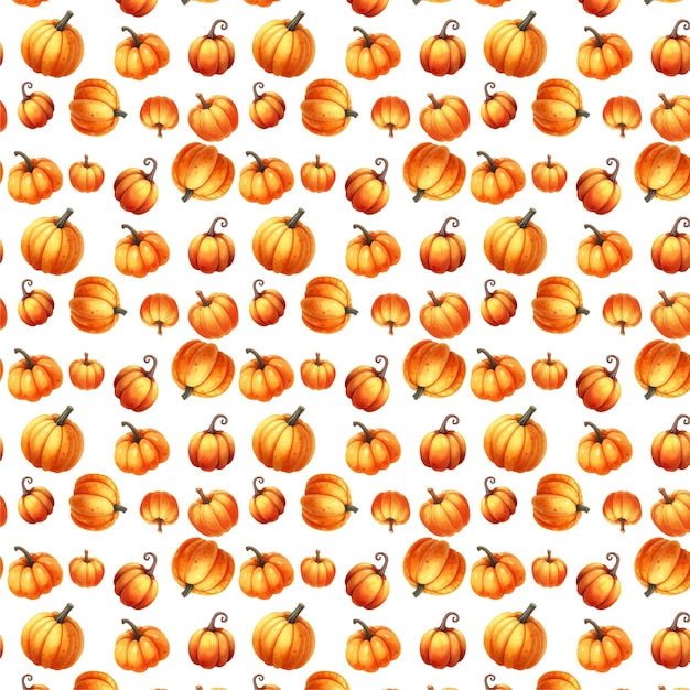 Vector autumn seamless pattern with orange autumn leaves and orange and watercolor pumpkins