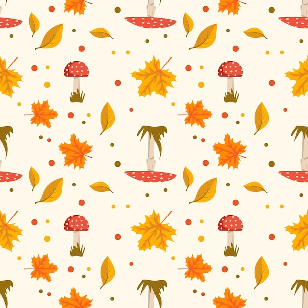 Autumn seamless pattern with orange maple rowan leaves and fly agaric mushrooms with red caps and white dots