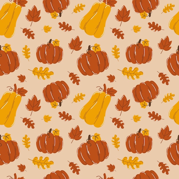 autumn seamless pattern with pumpkin leaf cozy fall elements cute hand drawn pattern