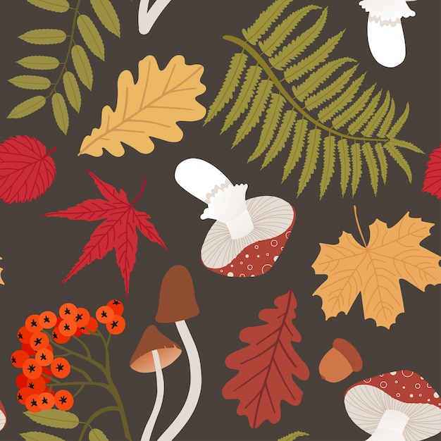 Осенний бесшовный фон с пожелтевшими листьями рябины и грибами векторные иллюстрации