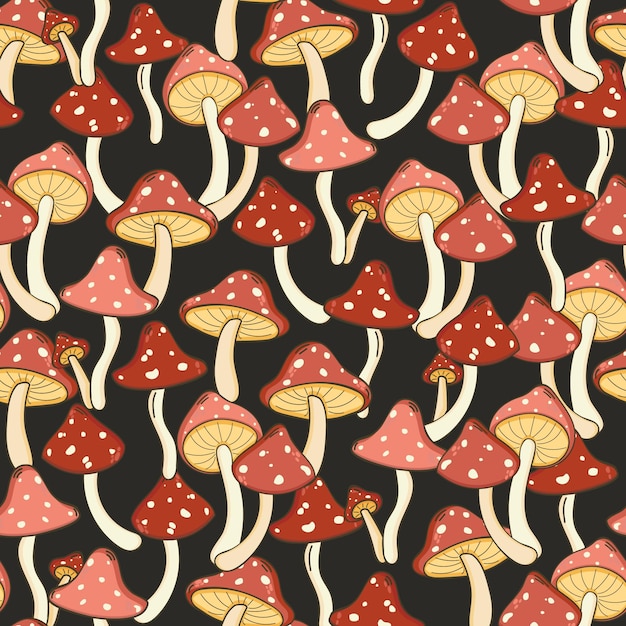 Autumn seamless pattern with toadstool amanita fly agaric mushrooms tree leafs and berries cute colorful cartoon style for kids vector background