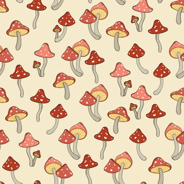 Autumn seamless pattern with toadstool amanita fly agaric mushrooms tree leafs and berries