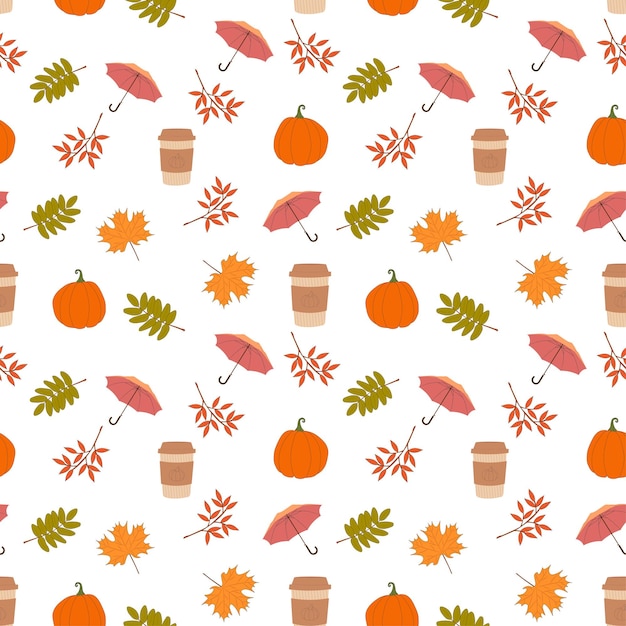 Autumn seamless pattern with umbrellas coffee and pumpkinsCute flat illustration of autumn pattern