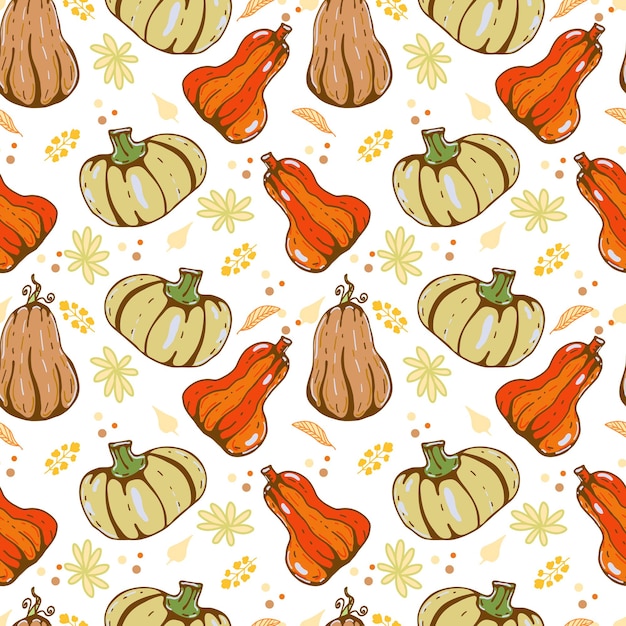 Осенний бесшовный векторный рисунок с тыквами и осенними листьями ручная иллюстрация