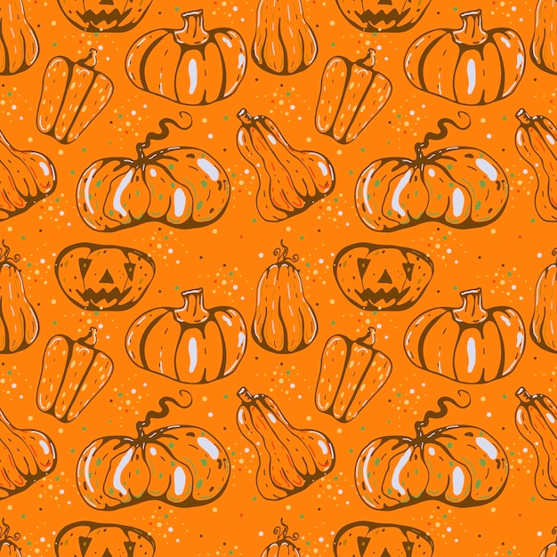 Autumn seamless vector pattern with pumpkins and fall leaves Hand drawn illustration