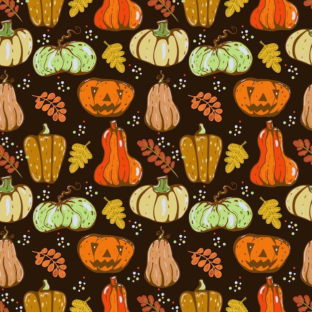 Autumn seamless vector pattern with pumpkins and fall leaves Hand drawn illustration