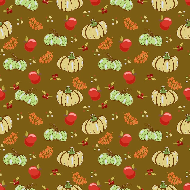 Autumn seamless vector pattern with pumpkins and fall leaves Hand drawn illustration