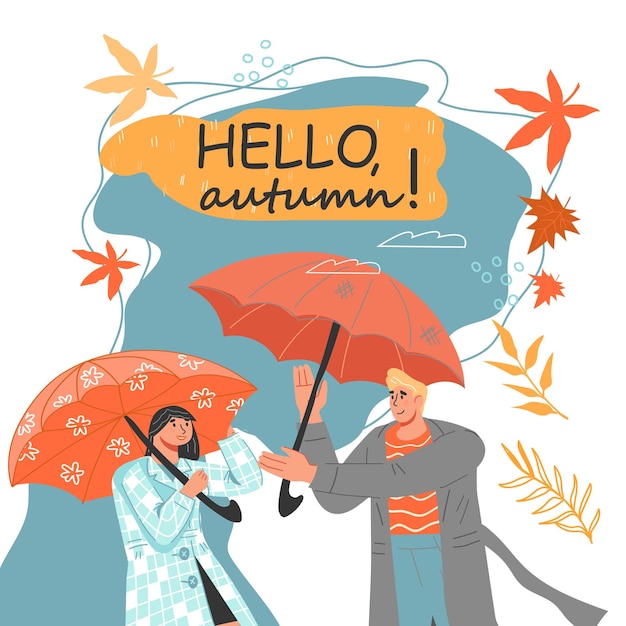 Autumn season banner or poster design Hello autumn card or poster template with couple in the rain flat vector illustration on white background