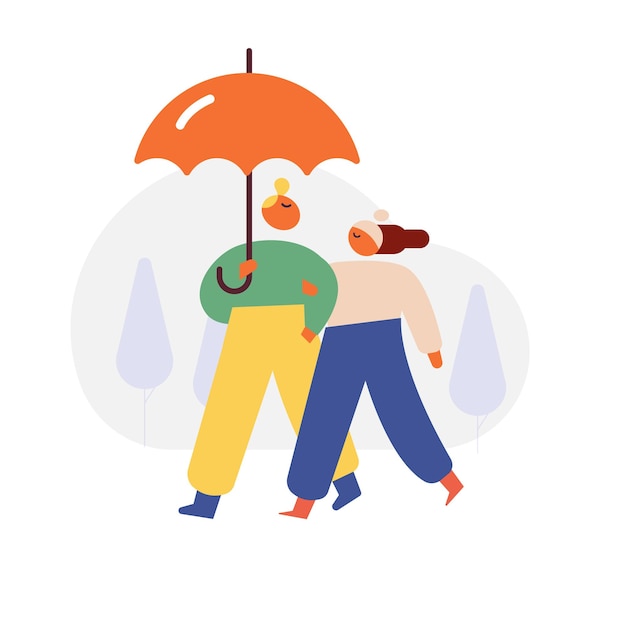 autumn season fall rain people silhouette with umbrella flat vector