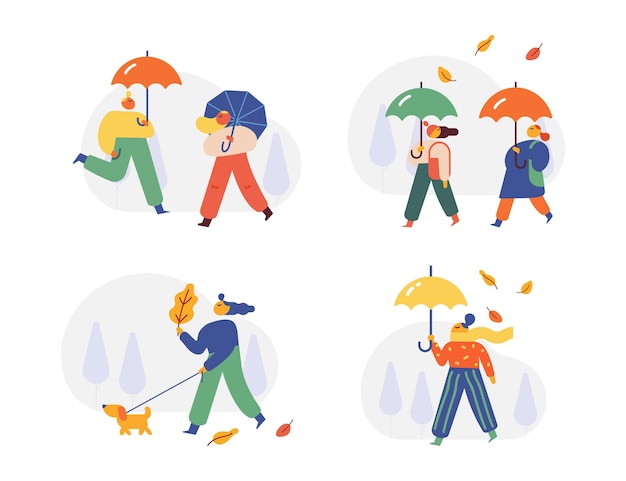 Autumn season Fall rain People silhouette with umbrella flat vector