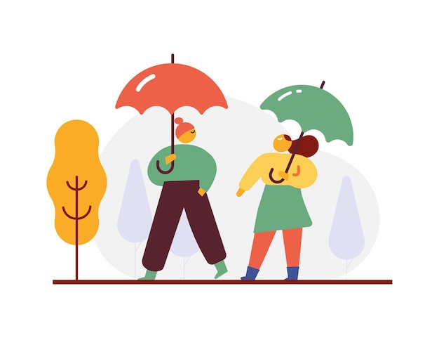 Autumn season fall rain people silhouette with umbrella flat vector