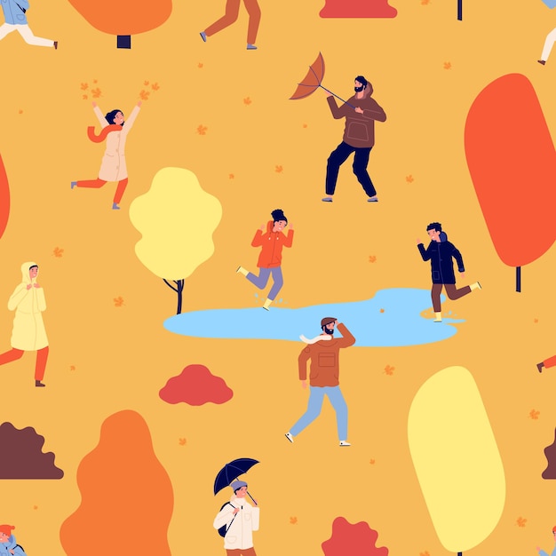 Autumn season pattern. People walking in park, fall time illustration. Flying leaves, happy children and adults with umbrella vector seamless texture. Illustration autumn park, people pattern