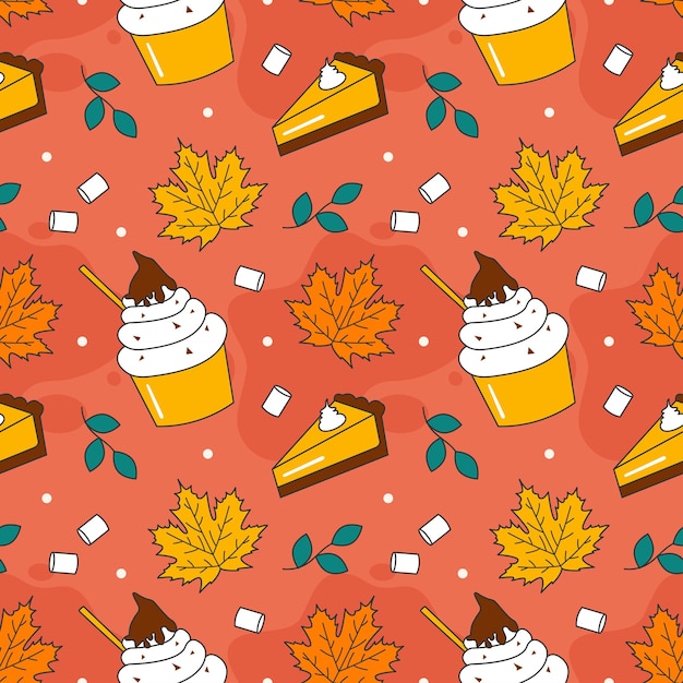 Autumn season seamless pattern design con elementi autunnali in template cartoon flat illustration