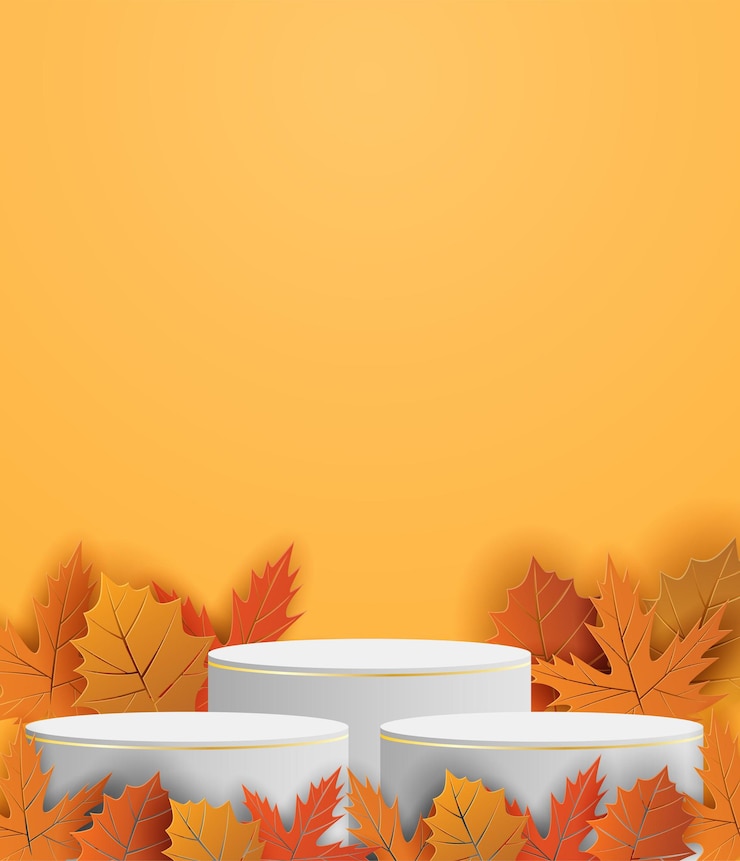 Vector autumn season theme product display podium. design with leaves on orange background. paper art style. vector.
