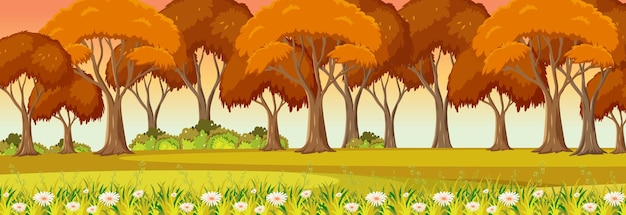 Vector autumn season with nature park at sunset time horizontal scene