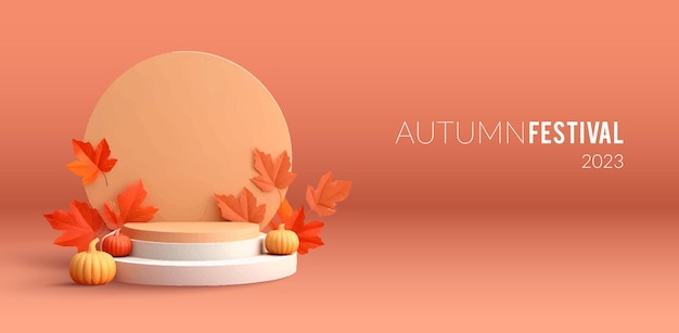 Vector autumn seasonal advertising banner with showcase for your product