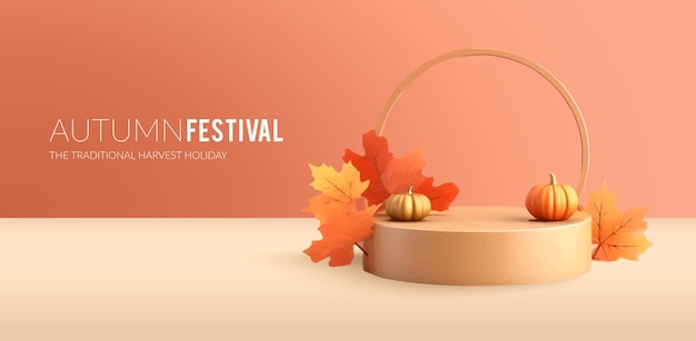 Vector autumn seasonal advertising banner with showcase for your product