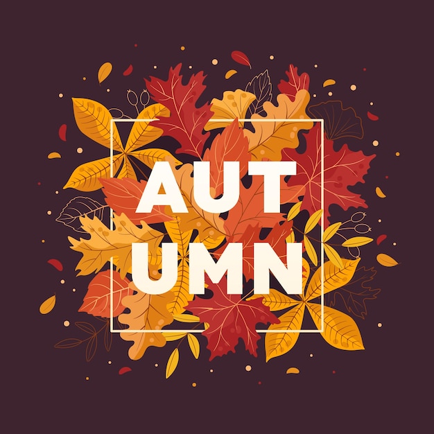 Vector autumn seasonal banner postcard bright background frame with colorful autumn leaves of oak maple