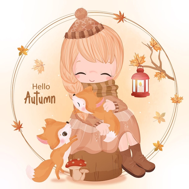 Autumn series little girl and fox illustration