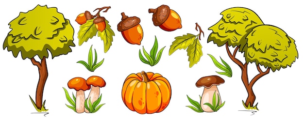 Autumn set. Collection of autumn items. Mushrooms, pumpkin, acorns, grass, oak leaves, trees. Cartoon style. Vector illustration for design and decoration.