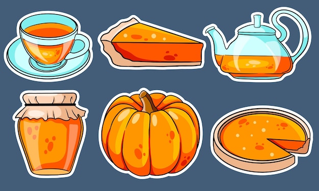 Autumn set. collection of autumn items stickers. pumpkin, hot tea, kettle, mug, pumpkin pie, jam. cartoon style. vector illustration for design and decoration