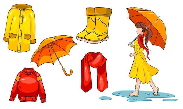秋のセット。秋のアイテム集。傘、スカーフ、レインコート、セーター、ゴム長靴、傘を持つ少女。漫画のスタイル。デザインと装飾のベクトルイラスト。