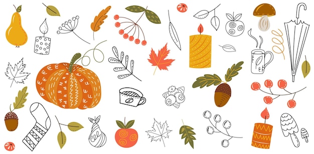 Autunno impostato nel vettore isolato in stile doodle