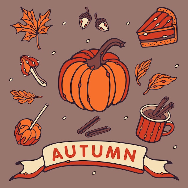 Set autunnale illustrazione disegnata a mano zucca di halloween funghi pimpkin pie piatto stile vettore premium