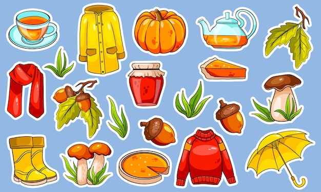 Autumn set. large collection of autumn items stickers. pumpkin, tea, raincoat, scarf, boots, mushrooms, acorns in cartoon style. vector illustration for design and decoration.