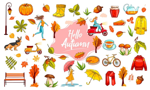 Insieme di autunno. una vasta collezione di oggetti e personaggi dedicata all'autunno. stile cartone animato. illustrazione vettoriale per design e decorazione.