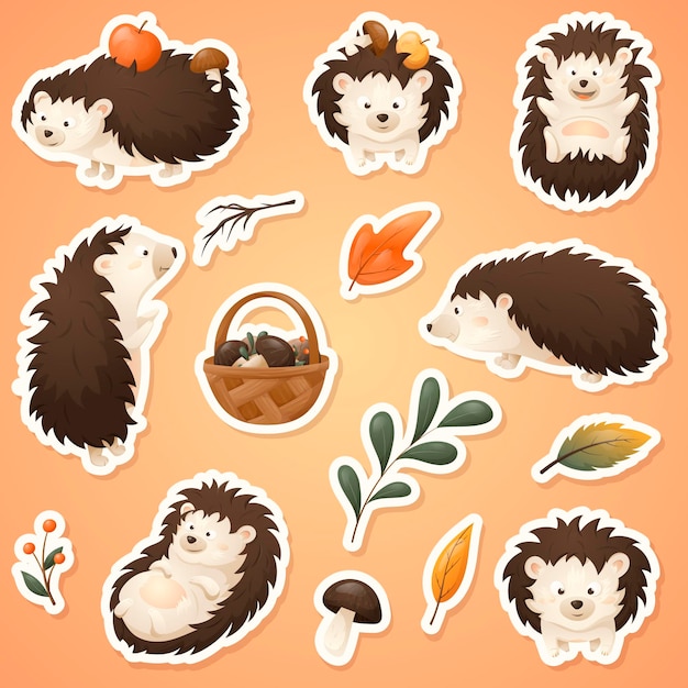 Vector autumn set of vector stickers with forest cartoon cute hedgehog basket with wild mushrooms apples and twigs with fallen leaves