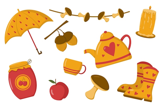 Vector autumn set with different attributes in yellow-red style in flat style, vector image.