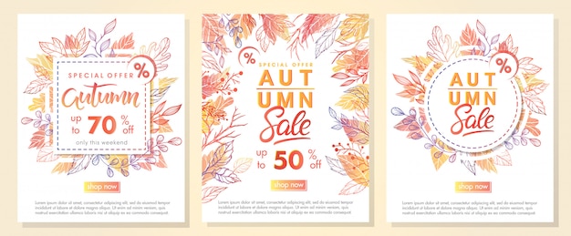 Banner di offerta speciale autunno con foglie di autunno ed elementi floreali in colori autunnali.