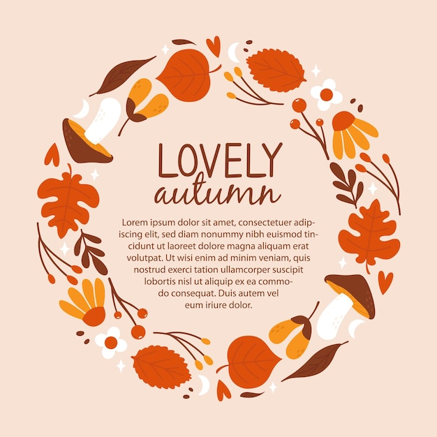 Vector autumn square banner template with autumnal frame of cute illustrations with leaves berries flower