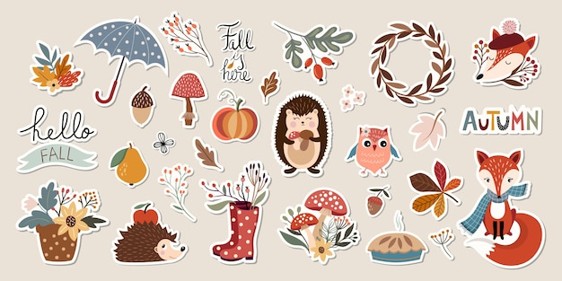 Autumn stickers collection with cute seasonal elements