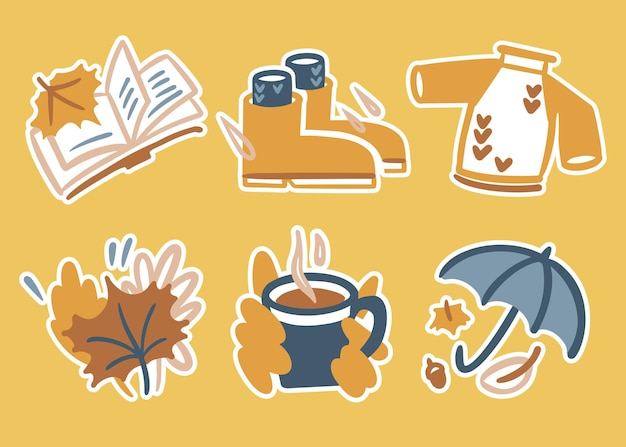 Autumn stickers, icon or illustration set. Open book, rubber boots, rain, sweater, yellow leaves