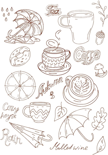 Vector autumn stickers umbrella cup comfort hand drawn leaves rain isolated elements on white background