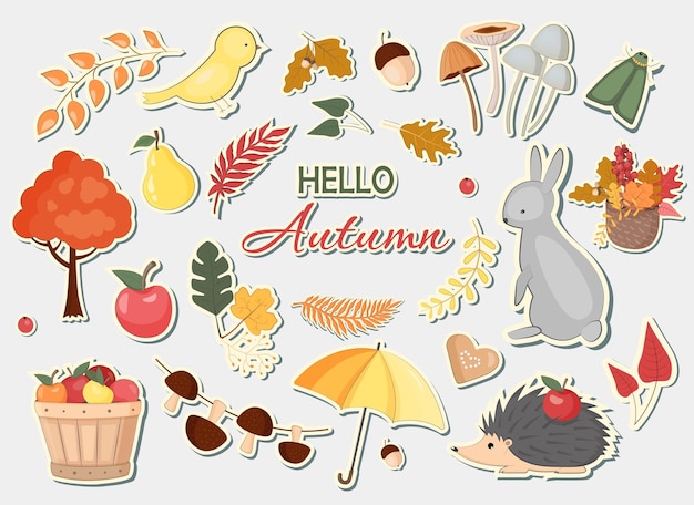 Autumn stickers vector collection Autumn set with leaves pumpkin forest animals and other symbols of fall