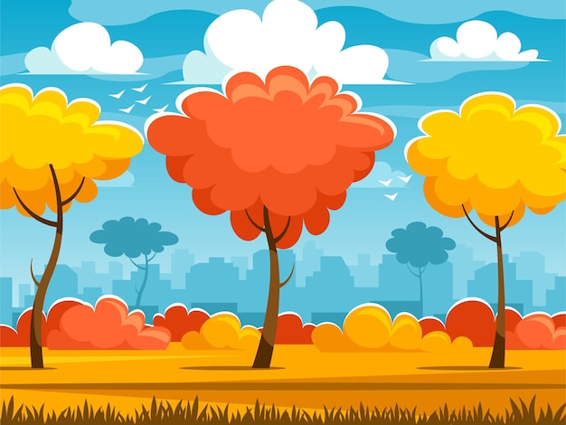 Autumn summer city park with trees Path leading through a orange meadow Vector graphics