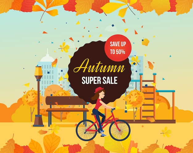 Vector autumn super sale background with colorful seasonal leaves